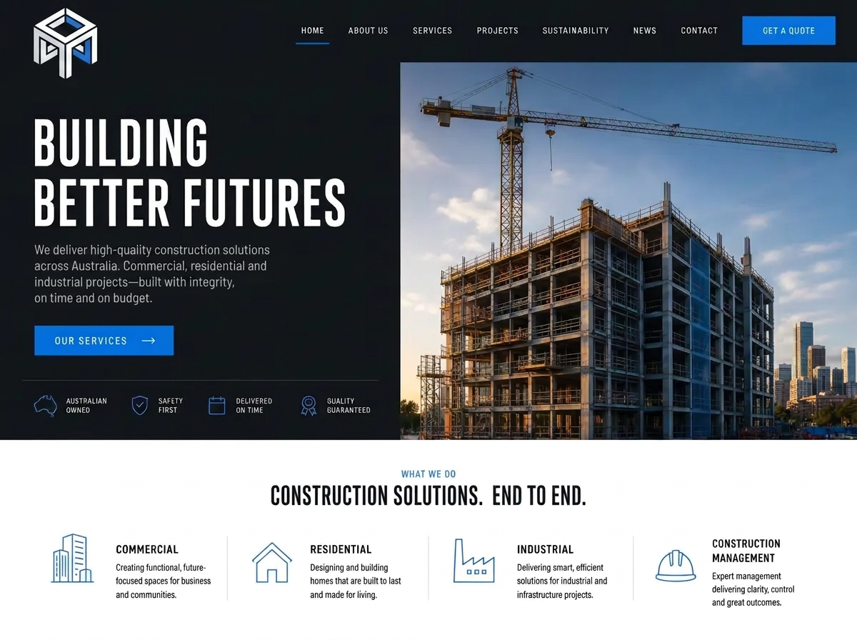 Construction website design example with an anonymous symbol-only brand mark